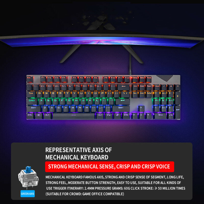 Keyboard Mekanis Gaming USB Berkabel 104 Tombol Anti-Ghosting LED Backlit RGB untuk Desktop Tablet
