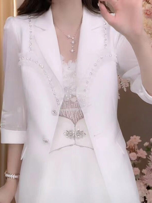 UNXX 여성용 싱글 브레스트 비즈 화이트 세트 코트, 3/4 소매 슬림 스몰 블레이저, 2024 용수철 여름 신상 패션