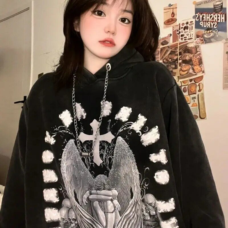 Sangat Bagus!!! American Hiphop Hoodie Kalung Malaikat Baru Wanita Penjualan Laris Sweter Longgar Antik Harajuku Pakaian Goth Y2k Korea