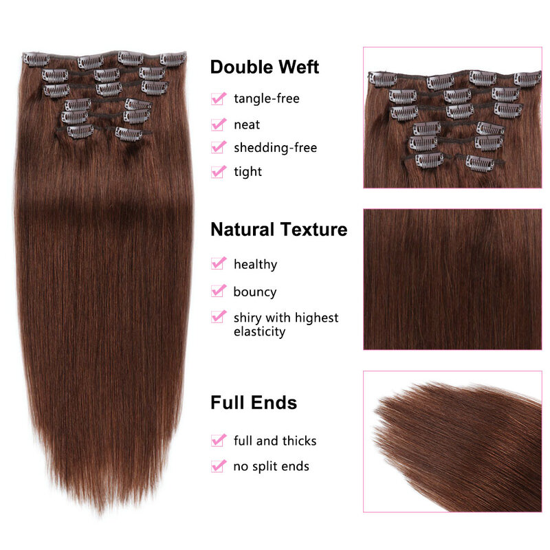 Clipe reto em extensões de cabelo para mulheres, trama de cabelo humano, grampo invisível ins, cor marrom médio, 4 #, 22-24 em, 100g por conjunto