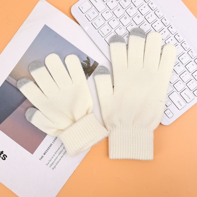 Modne zimowe ciepłe rękawiczki wielowydajne sporty outdoorowe o wysokiej elastyczności puszyste rękawiczki na nadgarstki jednolity kolor rękawiczki z dzianiny dla kobiet