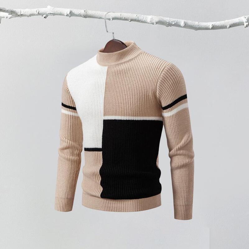 Long Sleeve Men Sweater Colorblock Knitted Men's Sweater with Half-high Collar Slim Fit Warmth for Fall Winter Color-blocked
