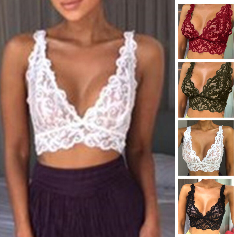 Women's Sexy Tank Tops Lace Transparent V-Neck Bikini Lingerie Hollow Out Bra Cami Crop Top See Through Intimates Erotic shirts