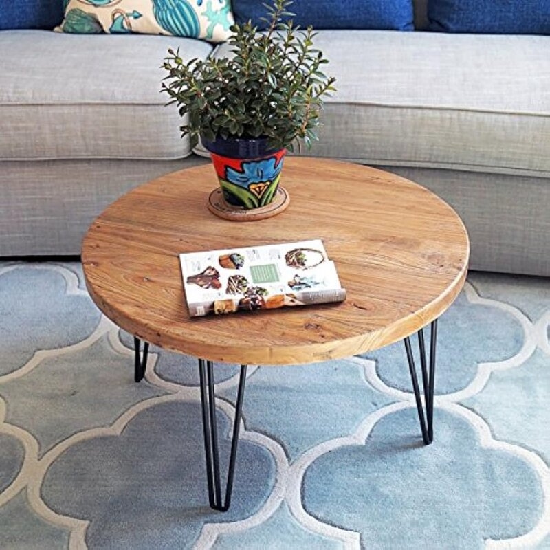 WELLAND Rustic Round Old Elm Wooden Coffee Table