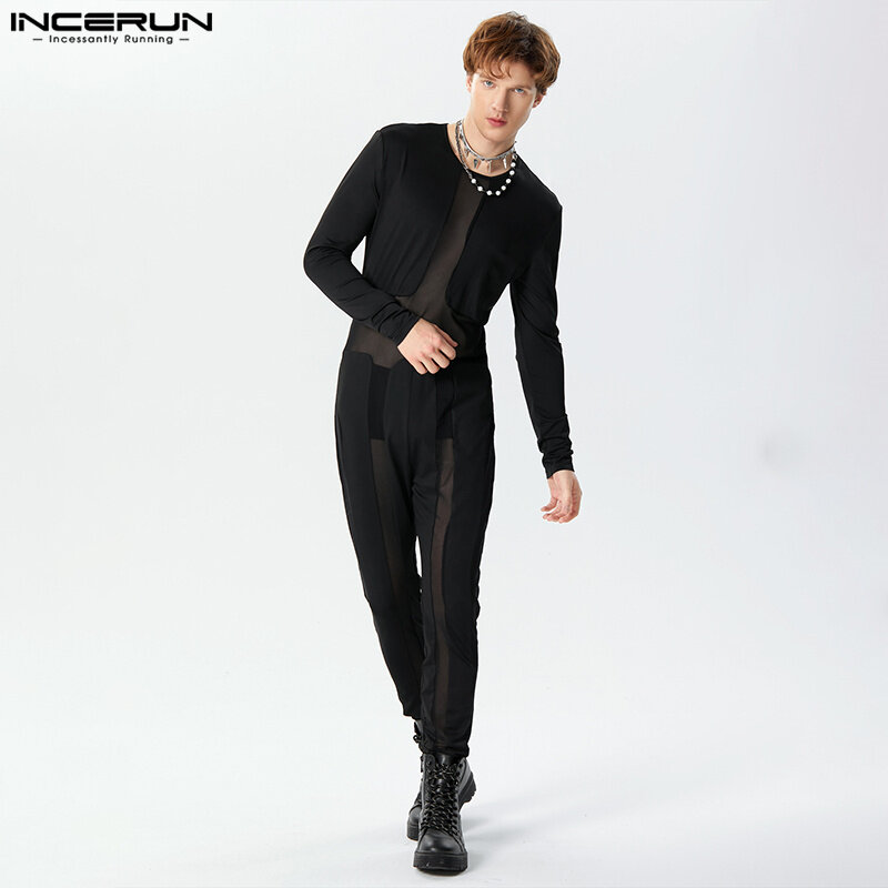 INCERUN 2023 American Style Men's Rompers Splicing Mesh Deconstruction Design Jumpsuits Sexy Casual Long Sleeved Bodysuits S-5XL