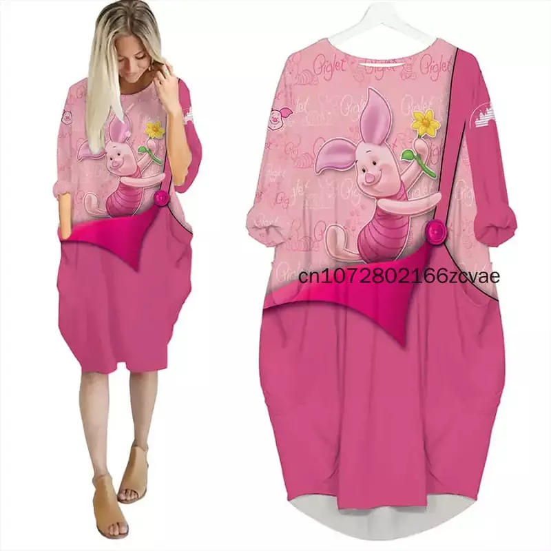 Rosa Ferkel übergroße lange Ärmel Taschen kleid Disney Cartoon Fledermaus Taschen kleid Damenmode vielseitige lose Party kleid