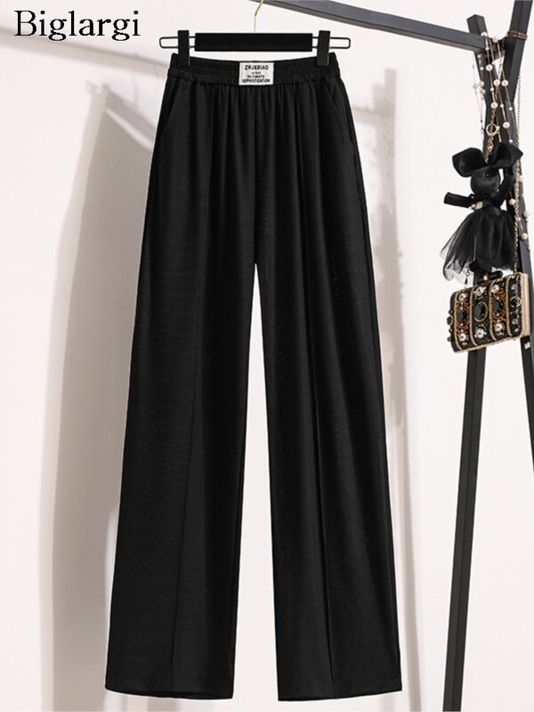 Pantalones de pierna ancha para mujer, pantalón largo de gasa, cintura alta, estilo coreano, holgado, plisado, informal, talla grande, Verano