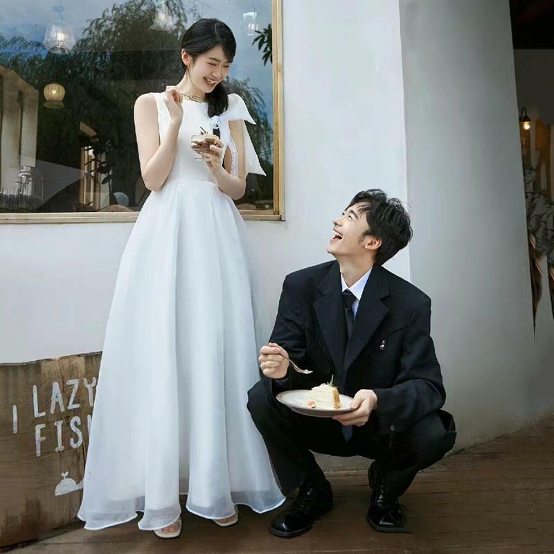 Vestido de novia largo y sencillo para mujer, y sin mangas con cuello redondo traje elegante, ideal para boda, 2024