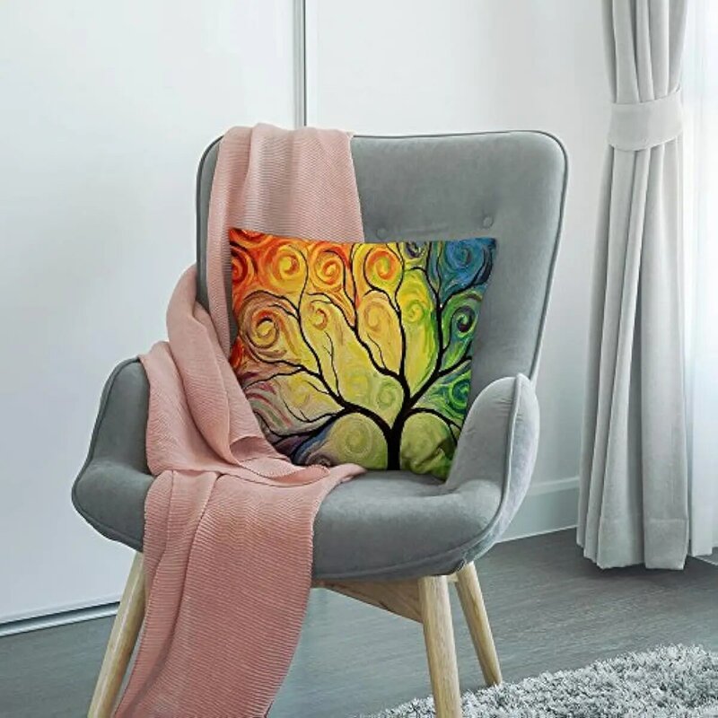 Capa de almofada quadrada com árvore de design vida, algodão e linho capa para casa e sofá decoração