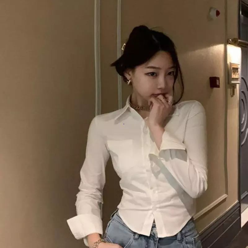 Koszule damskie składane Slim Fit krótkie bluzki codzienny Design biały czysty koreański styl moda na co dzień pani biurowa na wiosnę