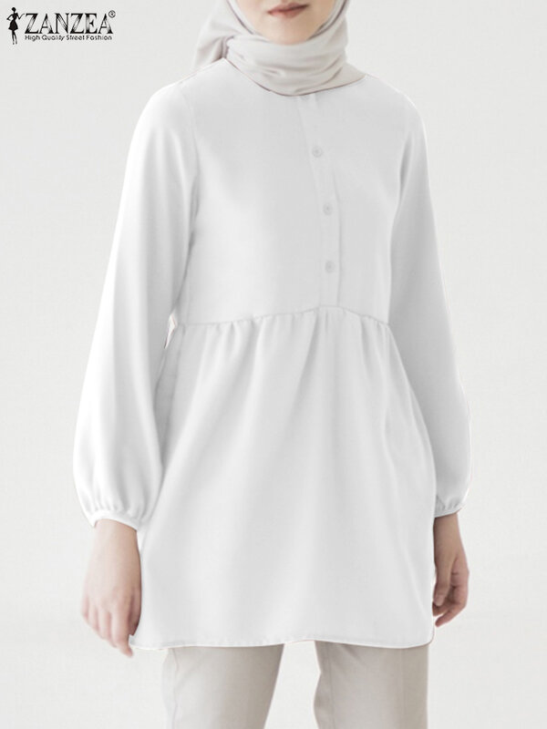 ZANZEA Fashion Muslim Turkey Tops Femme Ramadan Blouses Spring Puff Sleeve Solid Blouse Elegant Casual Shirt Abayas For Women