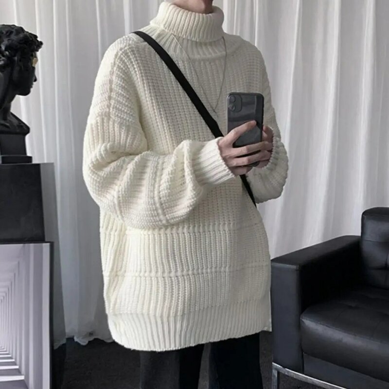 Suéter de gola alta masculino, com proteção para o pescoço, suéter solto de malha, pulôver elástico, casual quente, inverno e outono