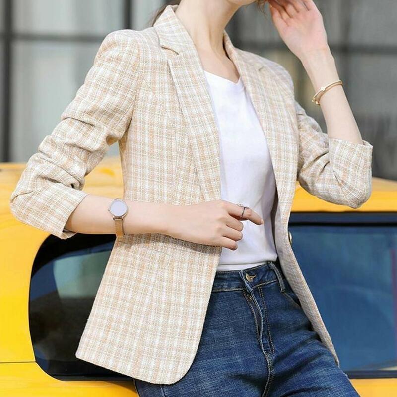 Women Blazer Vintage Plaid Print Turn-down Collar One Button Casual Blazer Women Slim Cardigan Suit Coat Women Jackets veste