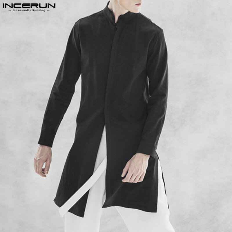 2023 Men Shirt Solid Stand Collar Long Sleeve Muslim Shirts Kaftan Streetwear Cotton Islamic Arabic Men Clothing INCERUN S-5XL