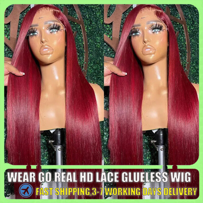 Perruque Lace Front Wig sans colle naturelle, cheveux humains, rouge bordeaux, 13x4, 13x6, 99j, 4x4