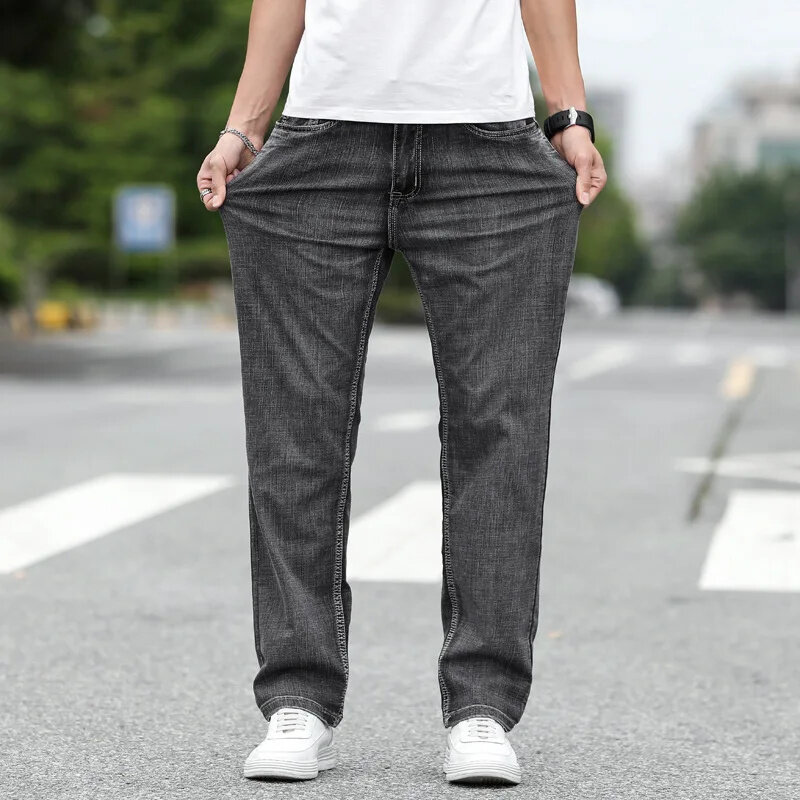 Calça jeans grossa masculina, solta e esticada, elástica, azul claro, reta, grandes dimensões, tamanho 44, moda casual, outono, 40 Plus 42
