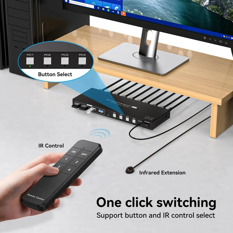 Switch HDMI KVM, 4 em 1 saída, 4 portas, suporta 1 monitor e 4 dispositivos USB, 4 dispositivos USB, 4K @ 60Hz