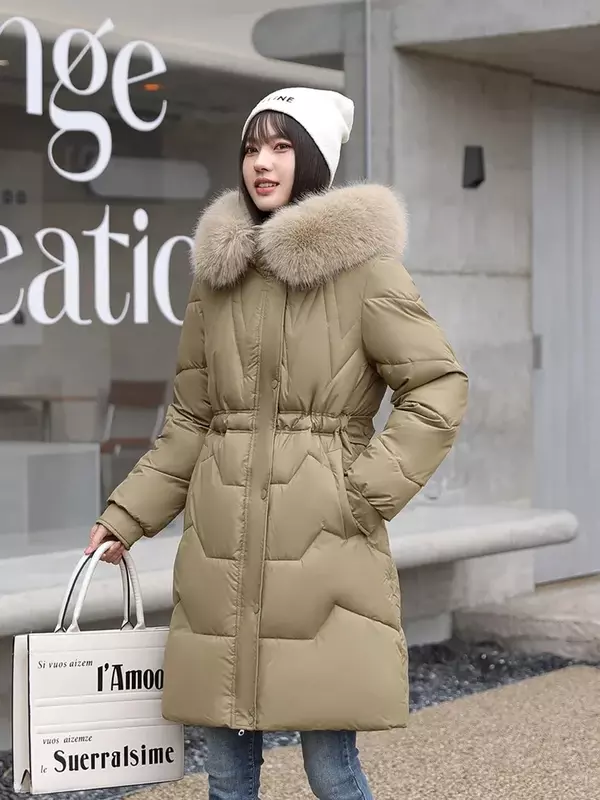 Jaket wanita berkerudung, jaket katun musim dingin parka berkerudung bulu besar kerah tebal panjang pakaian luar mode empuk R241 baru 2024