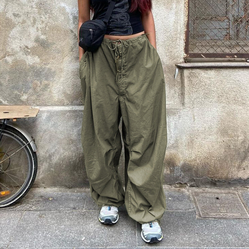 QWEEK Techwear celana olahraga wanita, celana kargo parasut Hip Hop longgar kasual pinggang rendah pakaian jalanan