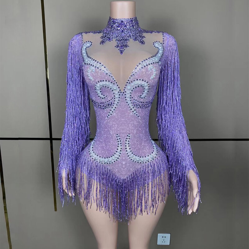 2023 Customized Tassels  Mesh lace Transparent High Elastic Short Sleeve Sequins Sexy Tight Party Dress  Stage Performance Dress