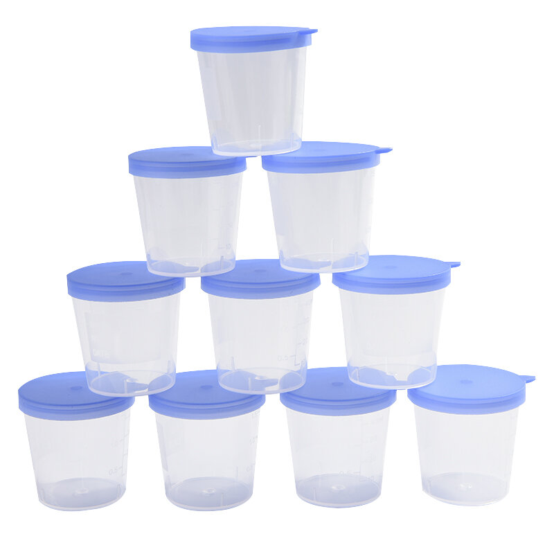 10 PCS Plastic Cup 40ML Urine Container Specimen Cup Sample Bottle Vol Molded Graduation ML And Oz PP EO Sterile Blue Cap