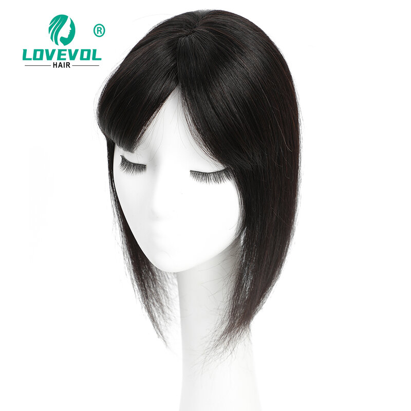 Lovevol hiasan rambut manusia 12x13cm, hiasan rambut manusia warna alami, klip dasar sutra di bagian atas rambut dengan poni untuk wanita dengan rambut tipis