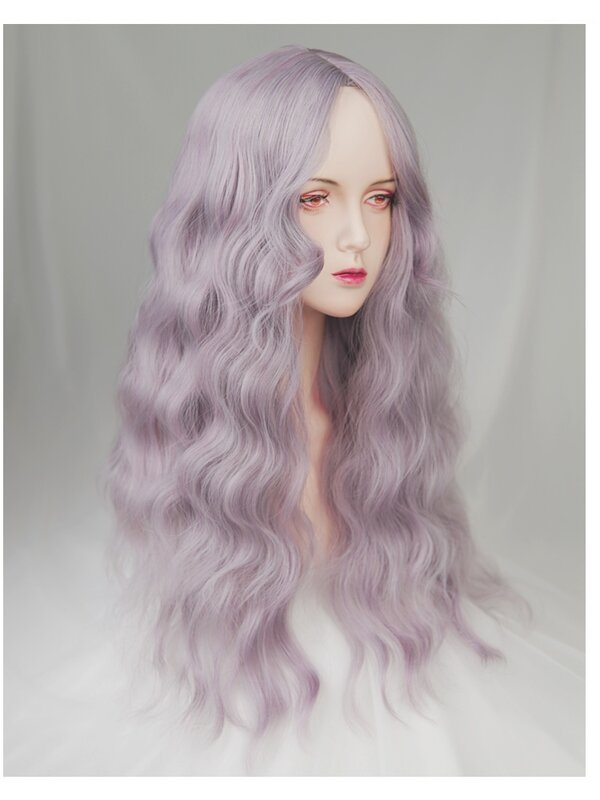 Greyish Purple Cos peluca rizos pequeños, onda mediana y grande, Lolita rosa, pelo largo y rizado, flequillo de ocho palabras