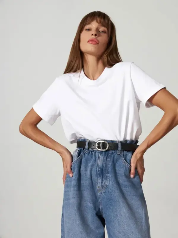 Kemewahan-B T-shirt musim panas 100% Cotton wanita T-shirt Bottoming dasar modis Solid wanita pendek