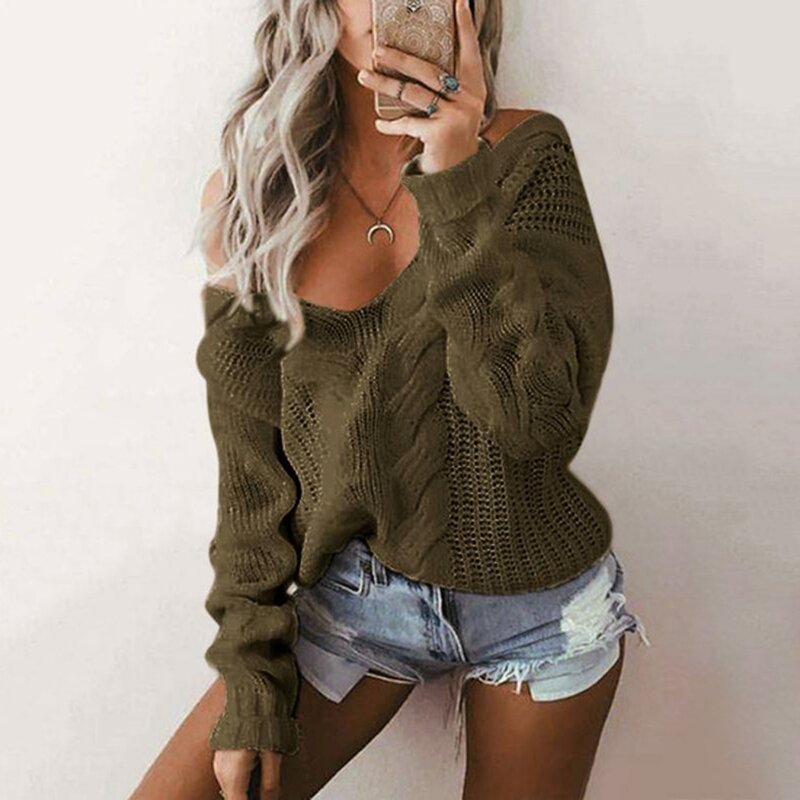 Knitted Sweater Autumn And Winter 2023 New European And American Style Stitching Thick Fried Dough Twists Sweater Women V-Neck