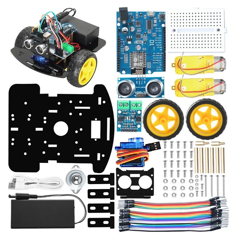 2WD Smart Robot Car Kit pour ESP8266 ESP-12E D1 WiFi Board pour Ardu37Control par Mobile Ultrasonic Tech Training Kit