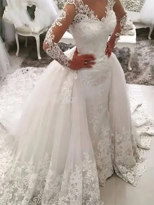 Luxury White 2 in 1 Detachable Mermaid Wedding Dress Lace Appliques Saudi Arabia Long Sleeve Bridal Gown Dubai Vestido De Noiva