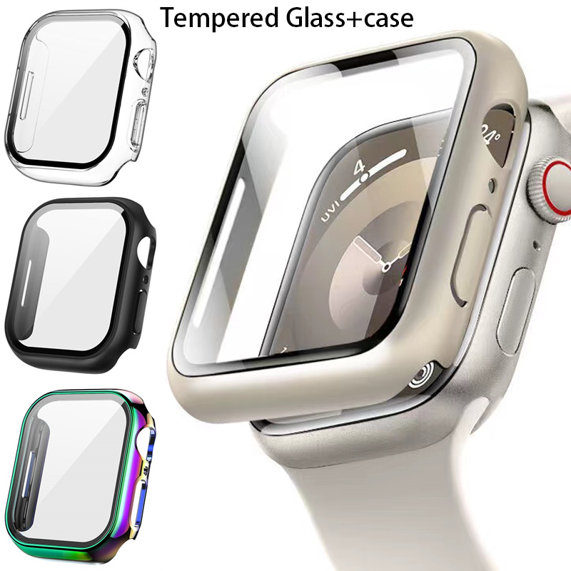 กระจกเทมเปอร์ + อุปกรณ์เสริมสำหรับนาฬิกา Apple, อุปกรณ์ป้องกันหน้าจอ42-40-44mm ขนาด45มม. 41มม. สำหรับ Apple นาฬิการุ่น9 7 8 5 6 SE