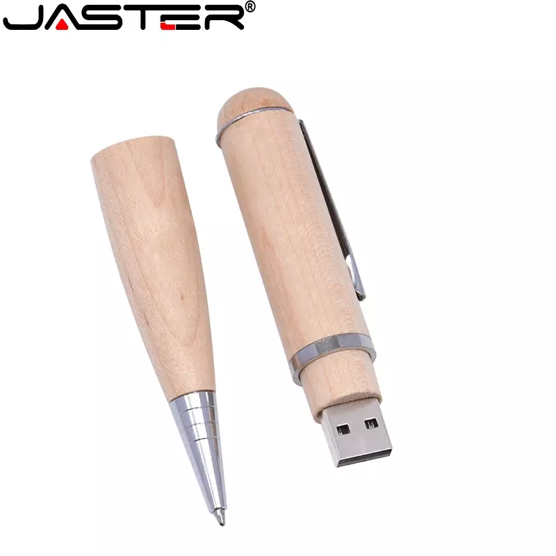 JASTER-Creative Wooden USB Drive com Caixa, Caneta-tinteiro, USB Flash Drive, Logotipo Livre, USB 2.0, Pendrive, 16GB, 32GB, 64GB, 128GB, Venda Quente