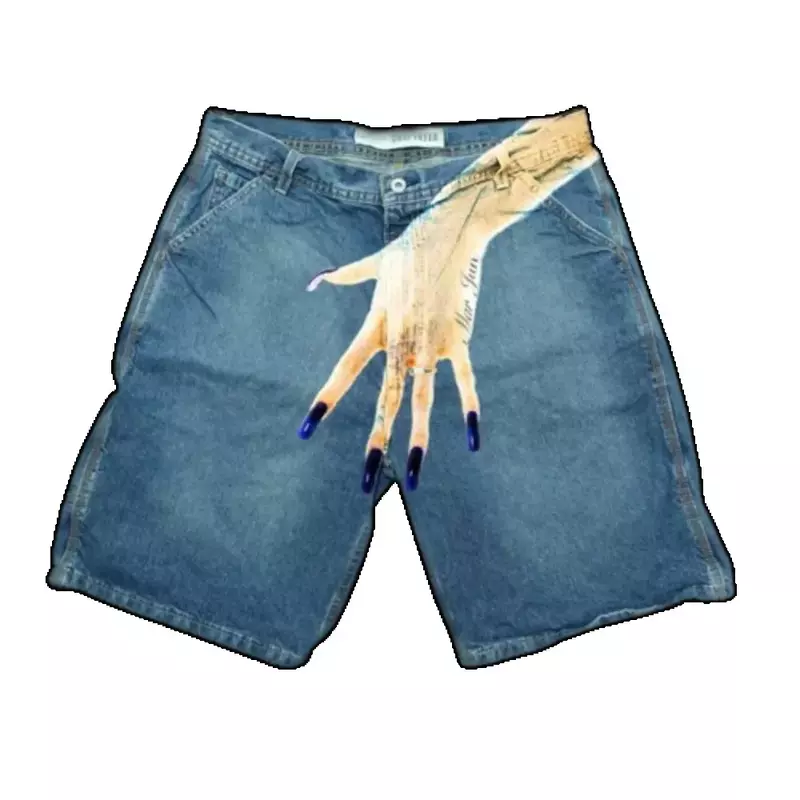 ฮาราจูกุสตรีทแวร์กางเกงขาสั้น Y2K กางเกงฮิปฮอปลายพิมพ์ย้อนยุคสีน้ำเงินทรงแบ็กกี้เดนิมกางเกงยิมขาสั้นผู้ชายกางเกงบาสเกตบอลเหนือเข่า