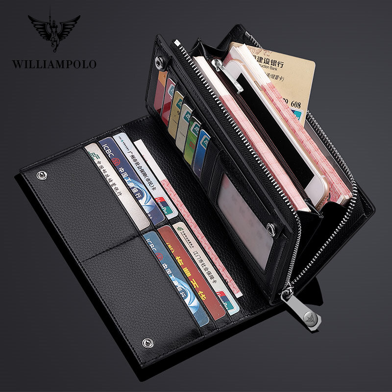 WILLIAMPOLO Brand Business Men Wallet Long Genuine Leather Clutch Wallet Purse Male Top Quality Soft Cowhide Handmade Coin Pouch
