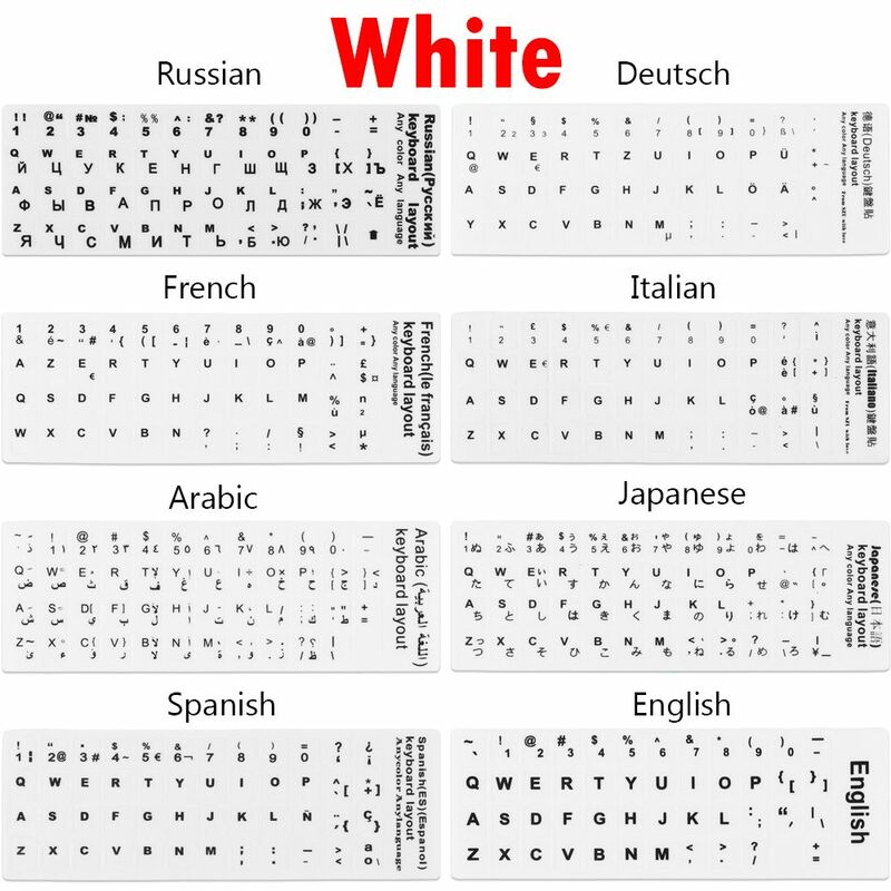 Autocollants de lettres de remplacement pour clavier, espagnol, anglais, russe, allemand, arabe, italien, japonais, coréen