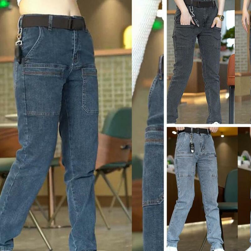 กางเกงยีนส์ตัดตรงกางเกงขายาว celana JEANS DENIM ย้อนยุคพร้อมซิปปิดกระเป๋าหลากหลายสำหรับผู้ชายเอวกลางตรง