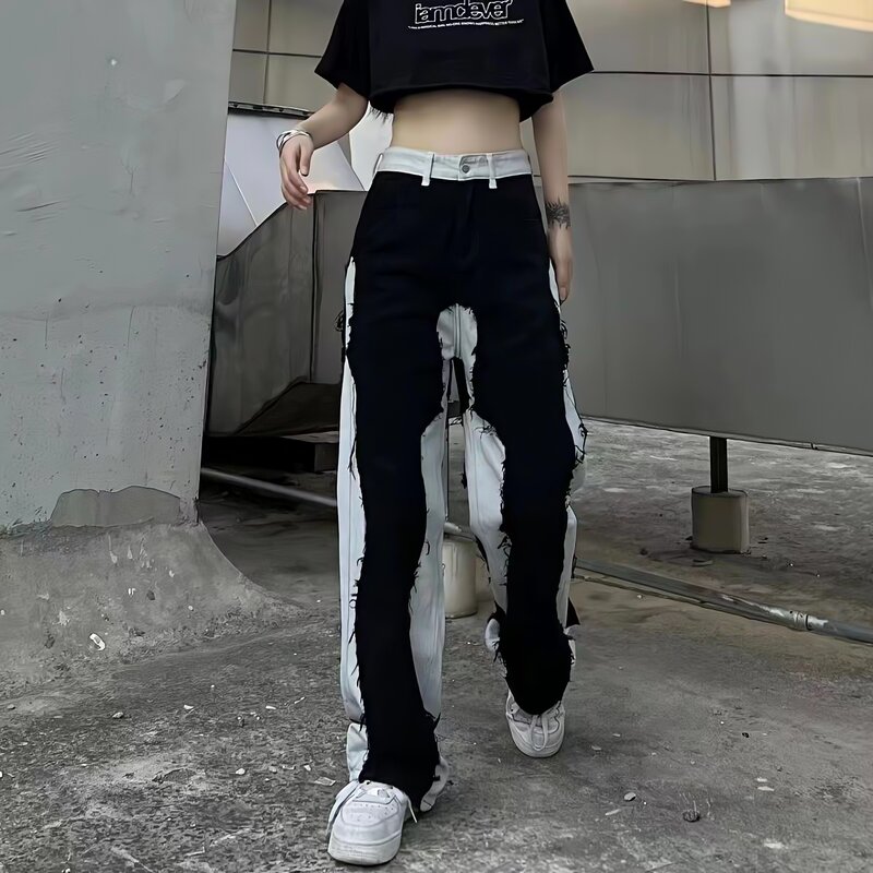 Oversize Ins กางเกงยีนส์สีดำผู้หญิงฤดูร้อน Harajuku Y2k Streetwear สูงเอวขากว้างตรงทั้งหมด Baggy Casual กางเกง