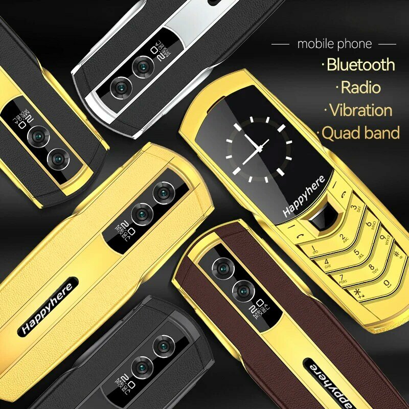 Novo Desbloquear V8 Bar Luxo Metal Handmade Telefone Quad band Dual Sim Leather case Bluetooth FM Rádio de botão de pressão do telefone móvel