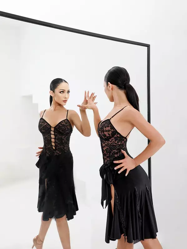 Latin Dance Top Wear mit BH Sommer kollektion Dances port Slim Fit schwarzer Spitzen bodysuit