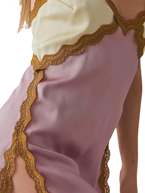 Damska koronkowa patchworkowa Mini sukienka Y2k Spaghetti z dekoltem w szpic sukienka na ramiączkach bielizna satynowa koronkowa koszulka nocna koszulka