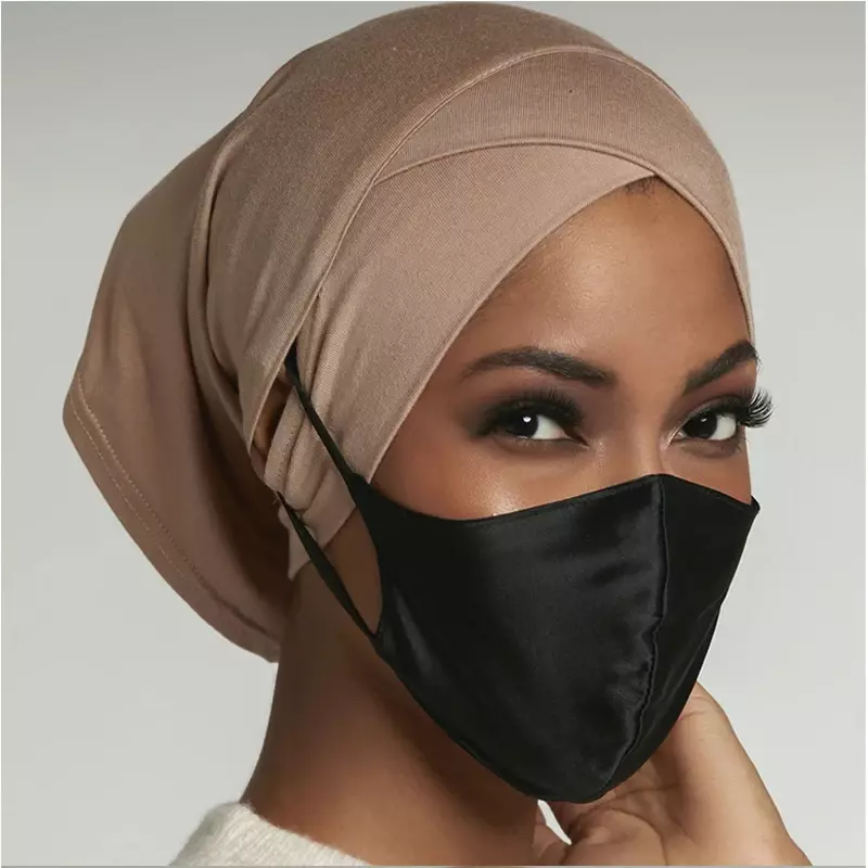 Modal dahi salib Muslim jilbab Dalaman untuk wanita topi Bonnet Turban dengan lubang telinga bungkus kepala elastis aksesoris pakaian Islami