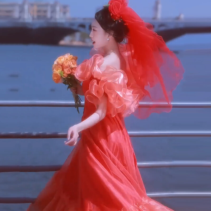 AnXin SH księżniczka falbany pomarańczowa czerwona koronkowa dekolt w łódkę krótki rękaw frezowanie kwiat perły sznurowana suknia ślubna dla panny młodej antyczna