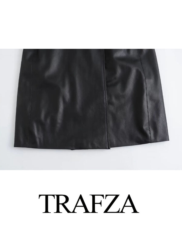 TRAFZA 여성용 긴팔 라펠 코트, 시크한 모조, 공식 인조 가죽 코트, 블랙 재킷, 겨울, 가을, 신상