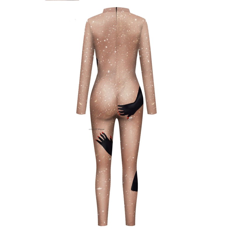 2024 Jumpsuit for Woman Beaded Mesh Print Holiday Cosplay Costume Party Disguise Oufit Female Zentai Bodysuit Sexy Catsuit