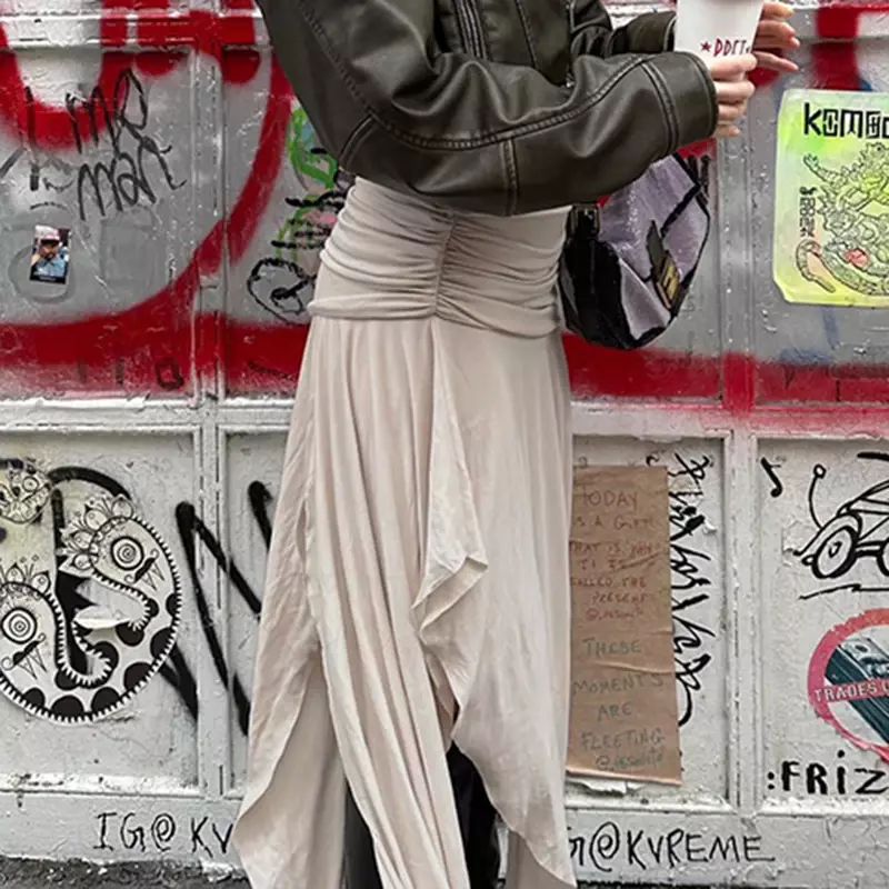 Женская плиссированная юбка Y2k, ассиметричная юбка миди со складками и разрезом, элегантная пляжная уличная юбка для отдыха, лето 2024