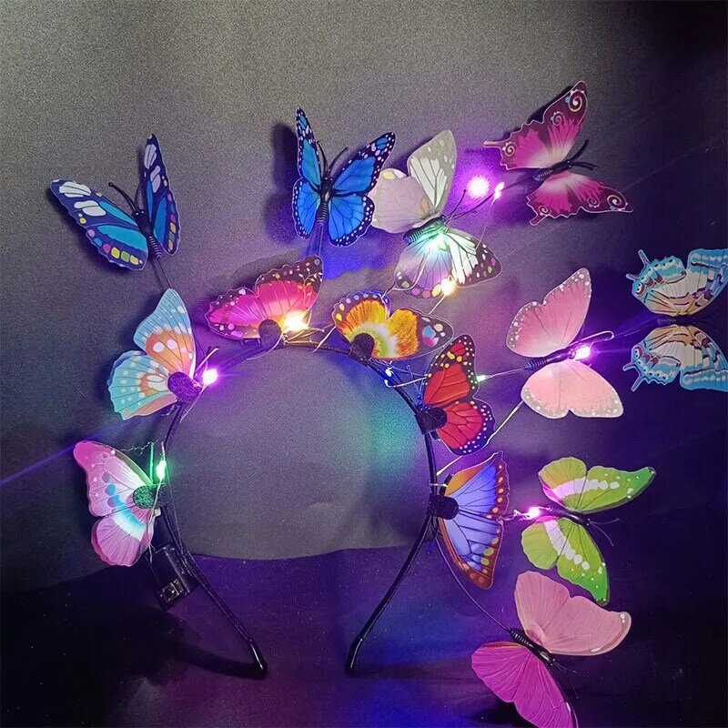 Glowing LED Light up Butterfly Fascinator Headband Bohemian Hair Band Hoops Colorful Headpiece for Party Wedding Christmas