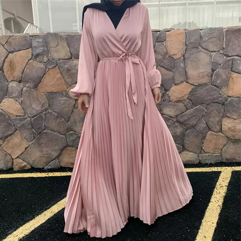 Muslim Dubai Abayas Fold Dress for Women Simple Solid Color Lace-up Turkey Islam Patchwork Muslim Kaftan Robe Muslim Dress Women