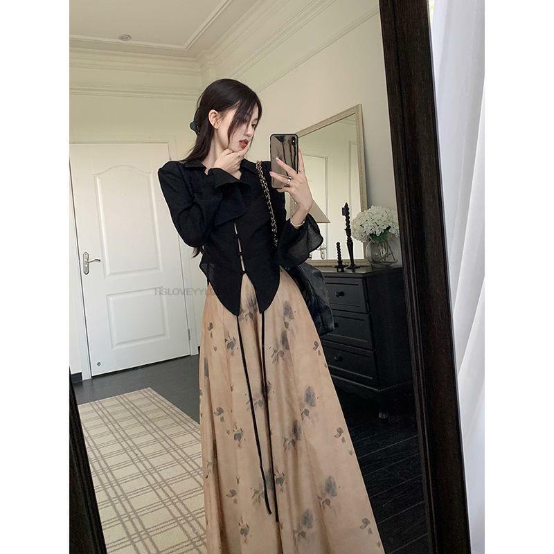 Лето-осень, новинка, топ с лентой в китайском стиле, стильные чернильные длинные брюки с высокой талией и юбка для женщин, изящный повседневный комплект платья ханьфу