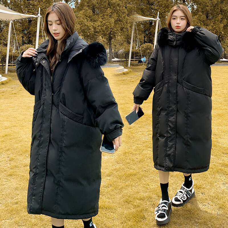 2022 후드 두꺼운 여우털 칼라 폭스 모피 롱 한국 대형 코트 여성용, 따뜻한 소프트 다운 재킷, 90% 화이트 덕 다운